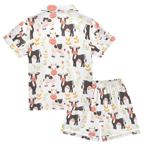 ALAZA Cute Cow Flower Pajamas Satin Pajama Set Short Sleeve Button Down Sleepwear2