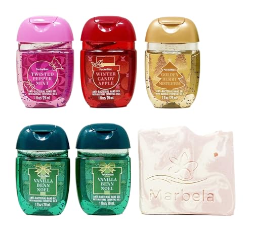 Bath & Body Works HolidayTraditions Twisted Peppermint Winter Candy Apple Golden Merry Mistletoe and Vanilla Bean Noel - 5 Pack Of PocketBac Hand Sanitizer With a Himalayan Salts Springs Sample Soap