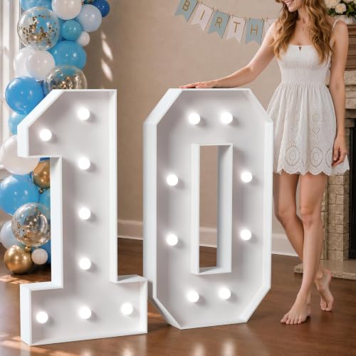 Image of Marquee Numbers 3 Feet Tall Big Light Up Numbers 10th Happy Birthday Decorations Girl Boy White Anniversary Party Decor Large Cardboard Prop Backdrop Sign 10