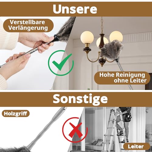 Teleskop Staubwedel Straußenfedern – Staubwedel Lang Ausziehbar, Waschbar, Anti-Statik, Perfekt für Hohe Oberflächen, Deckenventilatoren und Empfindliche Einrichtungen (1, 1.2 m)