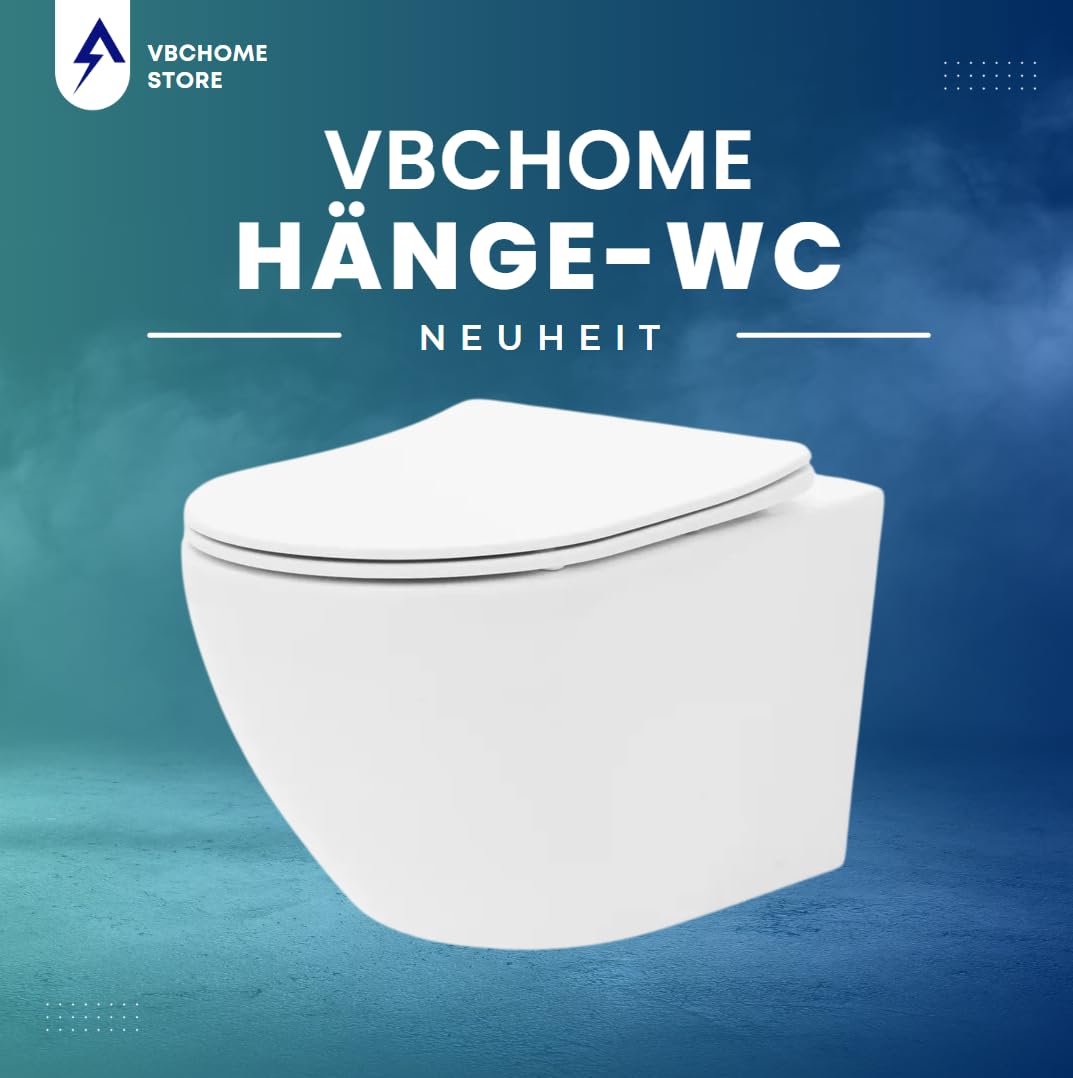 VBChome WC sospeso senza bordi in ceramica con coperchio WC WC in Duroplast abbassamento automatico Rimless SoftClose, WC ovale a forma di parete, WC