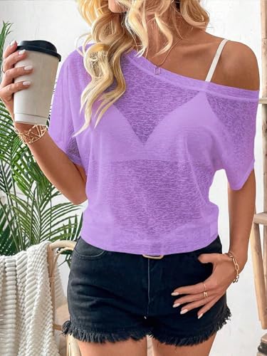 Image of Hilinker Women's Sheer Off The Shoulder Tops See Through Sexy Short Sleeve Mesh Shirt Summer