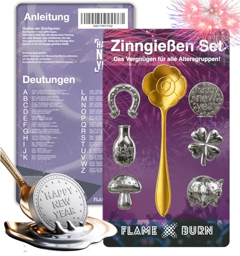 FLAME X BURN Zinngießen Set für Silvester 2026: Zinn zum Gießen ähnlich wie Bleigießen inklusive Löffel & Orakelbuch mit Deutungen - Partyspiele (1x)