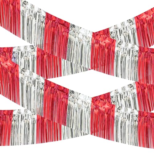 Image of 4 Pack 10 Feet Red Silver Foil Fringe Garland Metallic Tinsel Streamers Banner Fringe Curtain Banner for Parade Floats Wedding Graduation Homecoming Carnival Birthday Party Decorations (Red Silver)