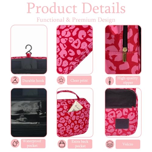Crazy Bison Hanging Travel Toiletry Bag Kit Makeup Case Cosmetics Organizer for Men Women (Hot Pink Leopard)4