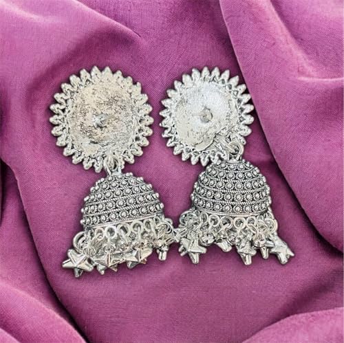 Stylish Silver Jhumkas with Turquoise Beads, Drop Earrings for Women - Image 6