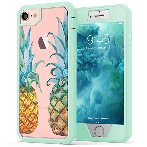True Color Case Compatible with iPhone 7 Case/iPhone 8 Pineapple Case, True Color Tropical Watercolor Pineapples Printed on Clear Back, Heavy Duty Hybrid + 9H Tempered Glass 360° Protection - Mint