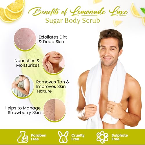 Image of The Body Bucket Lemonade Luxe Sugar Body Scrub- 200g | Included Free Bath Bomb | 3-in-1 Exfoliator, Cleanser, Moisturizer | De-Tan & Brightens Dark Areas| Smooths Strawberry Legs & Arms | Sulfate & Paraben Free