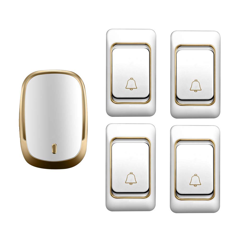 Campanello Wireless Impermeabile IP44, Kit Campanello per Porta a Distanza Ultra Lunga per la casa, 4 Pulsanti + 1 Ricevitore, 36 suonerie, 4 Livelli di Volume, Oro,Oro