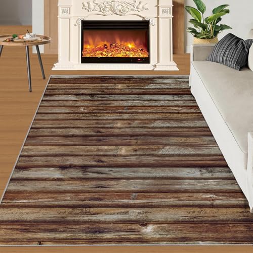 KOMEJIE Old Natural Barn Wood Area Rugs 5x8 Rugs for Living Room, Abstract Wall Wooden Brown Rug Washable Non Slip Floor Carpet, Low-Pile Non Shedding Rugs for Bedroom