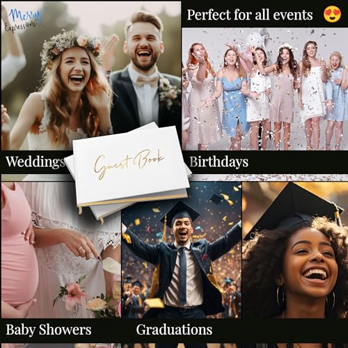 Image of White & Gold Wedding Guest Book w / Pen & Table Sign - Guestbook Sign in for Reception, Birthday Parties, Bridal or Baby Shower - Gilded Pages, Size 7 inchx9 inch inches - Blank Left Page for Polaroids