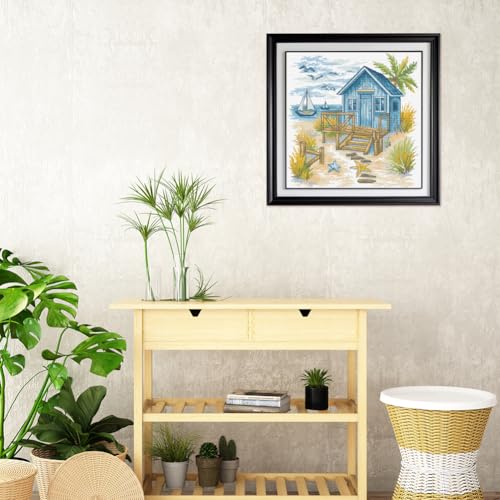 Image of FREEBLOSS 11CT Cross Stitch Kit Stamped Cross Stitch Craft Kit with Stitching Guide for Beginners Beach House Embroidery Set Crossstitch Wall Hanging Set 17.7x17.7inch