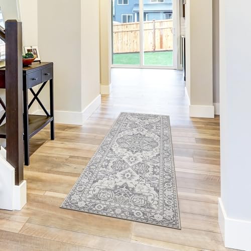 MaxRugrs Washable Runner Rug Non Slip Kitchen Rug Runners for Hallways,Stain Resistant Vintage Floor Carpet Runners for Entryway,Laundry Room,Bedroom-Beside Area Rugs(2x6,Ivory Grey)
