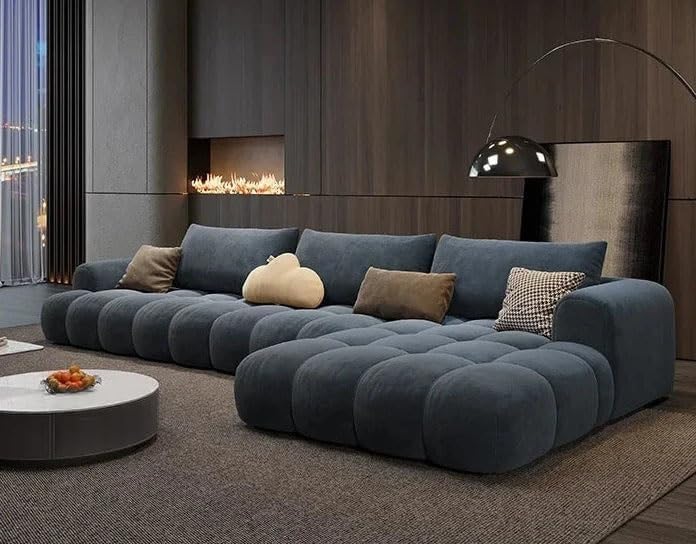 Image of Modern Classic Cloud Puffy Velvet Sofa Tufted Structure Round Arm L-Shaped Sofa Set Supported Round Back with Throw Pillows for Living Room, Hallway Apartment (Blue)