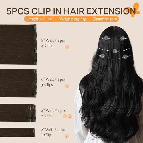 Image of DOORES Human Hair Extensions Clip in, 5pcs 85g Dark Brown 22 Inch Clip in Hair Extensions Natural Remy Hair Extensions