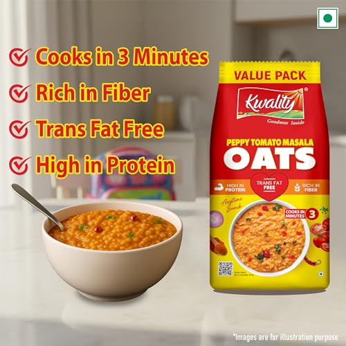 Image of Kwality Peppy Tomato Masala Oats 400g | Healthy Breakfast | High Fiber & Protein | Ready-to-Cook | Spicy Flavor