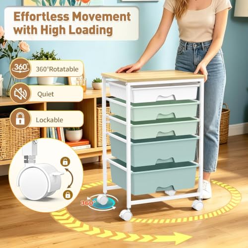 Image of SUNALLY Rolling Carts with 5 Drawers, Storage Drawer Carts for Craft, Green