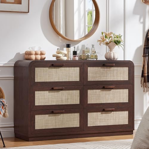 Image of LEYAOYAO Rattan 6 Drawer Dresser for Bedroom, Walnut | Modern 49 inch Wide Curved Dressers & Chests of Drawers with Solid Wood Handle & 5 inch Deep Drawers & Anti-Tip Safety