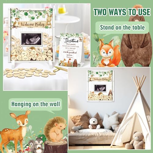Image of Beeveer 65 Pcs Woodland Baby Shower Guest Book Alternatives Baby Shower Sign in Guest Book Decoration with 1 Photo Frame 60 Heart Wood Slices for 60 Guests Animal Sonogram Frame Keepsake