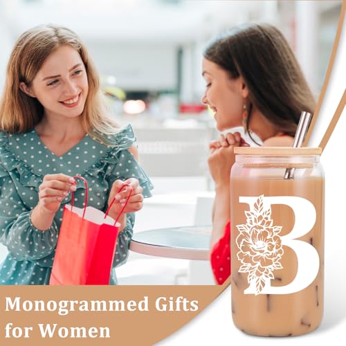 Image of Coolife Initial Glass Cup, Monogrammed Gifts for Women, 16 oz Tumbler w /Lid | Iced Coffee Smoothie Beer Tumbler w /Straw Lid - Personalized Christmas, Birthday Gifts for Woman Her Mom Friend