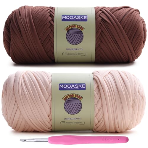 Image of Mooaske 2 Pack T-Shirt Crochet Yarn for DIY Knitting Crochet Cloth Blanket Bag Dolls - 400g Chunky Thick Yarn for Crocheting with Polyester-Spandex Blend Elastic Fabric (Beige+Brown)