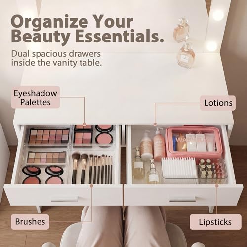 Image of YESHOMY Vanity Desk with Mirror,Makeup Vanity Table with 11 Adjustable Lights and 2 Spacious Drawers,3 Lighting Modes with Control&Soft-Padded Storage Stool,Modern Bedroom Vanity Set, Pure White