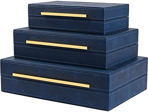 XIGEXIGE Navy Blue Shagreen Decor Storage Boxes Faux Leather Set of 3 Decorative Boxes, Large Modern men’s Jewelry Organizer Boxes with Lids For Home
