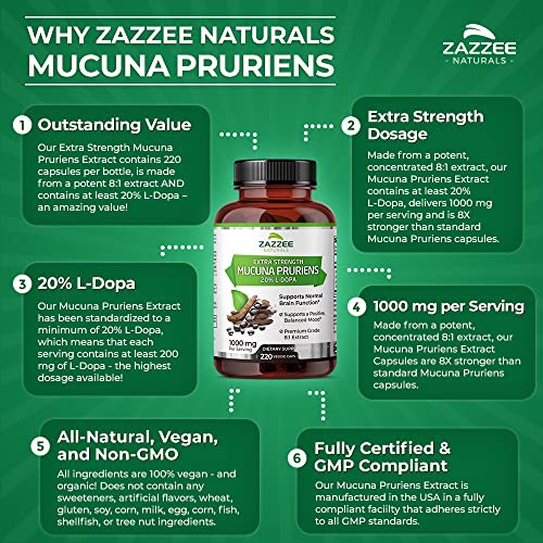 Zazzee Mucuna Pruriens 20% L-Dopa 8:1 Extract, 220 Vegan Capsules, 1000 Mg, Extra Strength, Non-Gmo, Gluten Free And All-Natural #TOP6