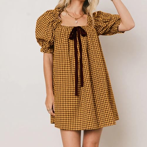 Image of Women Y2k Puff Sleeve Babydoll Dresses Square Neck Tie Back Mini Dress Summer Solid Off Shoulder Flowy Sundress