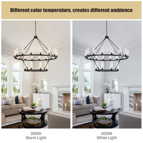 Image of 48 Inch Large Black Wagon Wheel Chandelier with Clear Glass Shade 2 Tier 24-Lights Round Pendant Light Farmhouse Industrial Chandeliers Dining Room Light Fixture for Stair Living Room Foyer