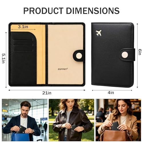 Image of ZOPPEN Passport Holder for Travel Essentials, RFID Blocking PU Leather Water-Resistant Lightweight Passport Cover with Multiple Card Slots, Easy to Carry Travel Wallet for Women Men, Black