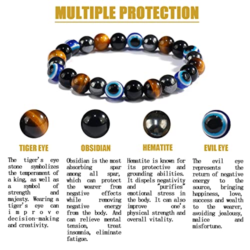 Quadruple Protection Bracelets For Men And Women（Evil Eye, Tigers Eye,Hematite, Obsidian）A Handmade Beaded Crystal Healing Bracelet That Can Bring Luck, Happiness And Protection(8Mm Elastic) #TOP6
