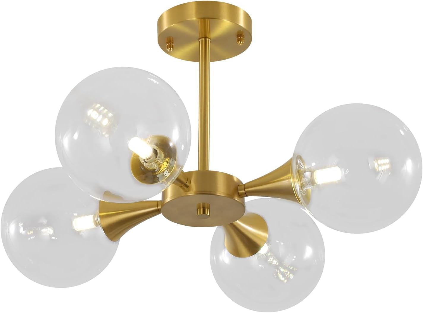KCO Lighting 4-Lights Modern Globe Semi Flush Mount Ceiling Light Mid Century Brushed Brass Schoolhouse Close to Ceiling Light Gold Clear Glass Bubble Sputnik Chandelier Light Fixture Gold+Clear-4 Light