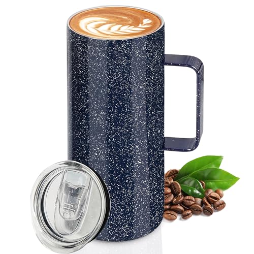 Belle Vous Taza Café para Llevar Acero Inoxidable con Tapa Deslizante 560 ml - Taza con Tapa Hermética Azul - Aislada par Bebidas Frías y Calientes - Pared Doble Vacío con Asa - Apta para Lavavajillas