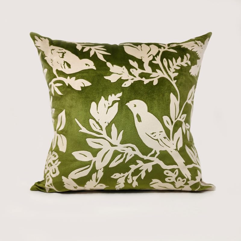 Image of Birds Designer Printed Velvet Cushion Cover | Decorative Cushion Cover | Modern & Trendy | for Sofa Chair Bedroom | Set of 1 (16 x 16 Inch, Green & Cream)