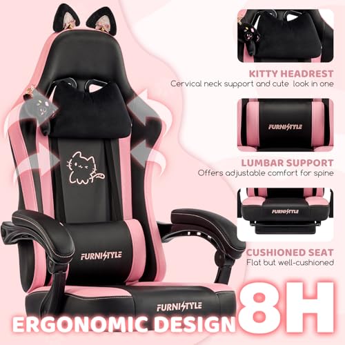 Image of Gaming Chair with Footrest, Comfy Girly Video Game Chairs with Cat Ears Pocket Spring Cushion Massage Lumbar Support & Headrest, Ringing Accessories Cute Leather Ergonomic Computer Chair, Black /Pink