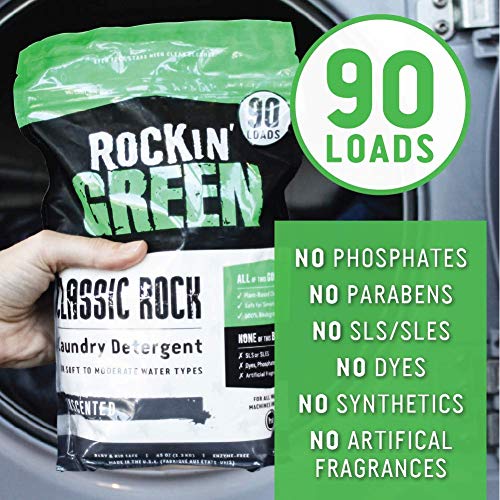 Rockin' Green Classic Rock Laundry Detergent (90 Loads), Plant Based, All Natural Laundry Detergent Powder, Vegan And Biodegradable Odor Fighter, Safe For Sensitive Skin, 45 Oz (Unscented). #TOP3