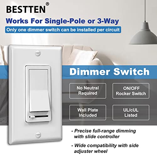 [6 Pack] Bestten Rocker Dimmer Switch For Dimmable Led, Halogen And Incandescent Bulbs, Single-Pole Or 3-Way, 120V, Ul Listed, White #TOP2