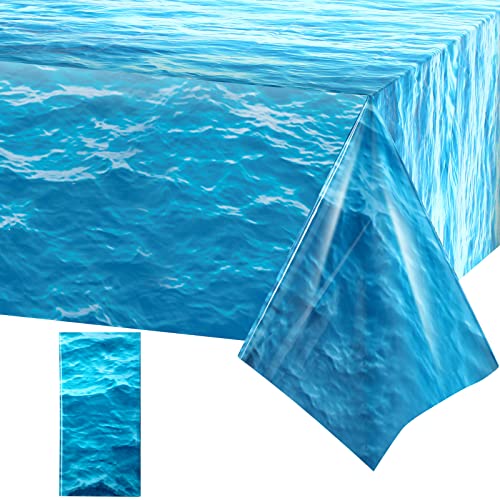 Image of Irenare 1 Pieces Ocean Plastic Tablecloth 54 x 108 Inch Blue | Water Waves Print, Disposable Table Cover for Under the Sea Theme Decoration Beach Pool Party, Birthday Baby Shower Supplies