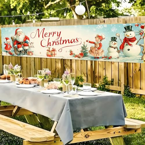 Image of Vintage Snowman Christmas Banner 78.7 x 17.7 Inch Santa and Snowman with Retro Winter Scene Holiday Decoration for Yard Fence Garden or Indoor Wall Display Seasonal Celebration