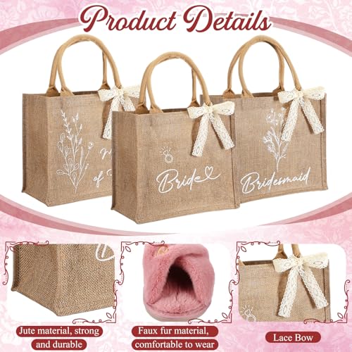 24 Pcs / 8 Sets Bridesmaid Gift Bags Burlap Jute Tote Proposal Bag Including 8 Pairs Bride Bridesmaid Slippers and Scrunchies 1 Lace Ribbon for Bridal Wedding Parties4