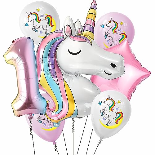 Image of Rozi Decoration Unicorn 1st Birthday Balloon Kit - 7 Pcs Set with Large Unicorn Foil Balloon, Number 1 Foil Balloon & Latex Balloons for Baby Girl & Boy First Birthday Party Decoration