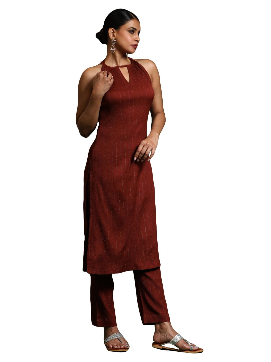 Women's Woven Design Silk Crepe Kurta & Trousers | Casual Kurta Sets for Women | Straight Kurta Sets & Trousers | Women's Sleeveless Kurta Sets-image-8