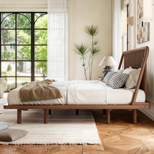 Image of Bellemave King Size Bamboo Bed Frame with Slatted Slanted Headboard,Brown