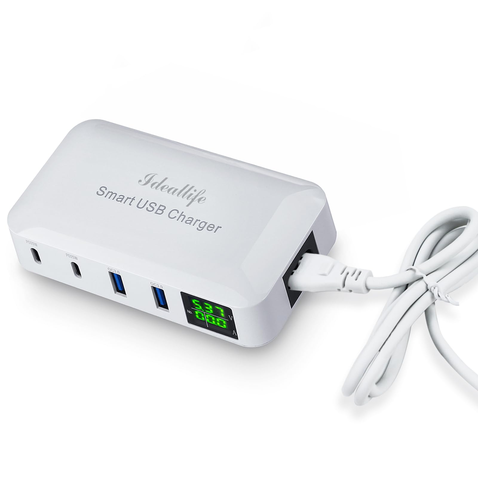 ideallife Caricabatterie USB super veloce, stazione di ricarica USB a 4 porte da 70 W 12 A, caricatore PD da 20 W e hub di ricarica USB C multi porta QC3.0 con display LCD, compatibile con iPhone,