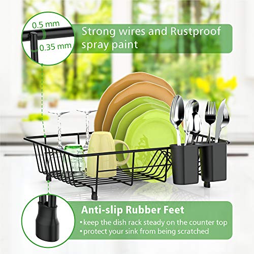 Dish Drying Rack, F-color Dish Rack with Water Tray, Utensil Holder, Anti Rust Dish Drainer for Kitchen Counter Top Dish Rack Wire Holder, 16.4 x 12 x 4.3 inch, Black