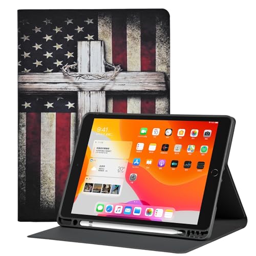 Étui pour iPad 8e génération en cuir PU premium avec finitions graphiques drapeau et croix