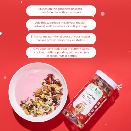 Image of Neuherbs Superfood Mix with Seeds, Nuts & Berries | Unroasted Pumpkin Seeds, Sunflower, Cashew Nuts, Almonds, Pistachios, Blueberries, Flax Seeds | Rich in Protein & Vitamin E - 200g