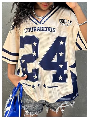 Girl's Y2K Mesh Oversized Jersey Tops Number Star Graphic Tees Vintage V Neck T Shirts2