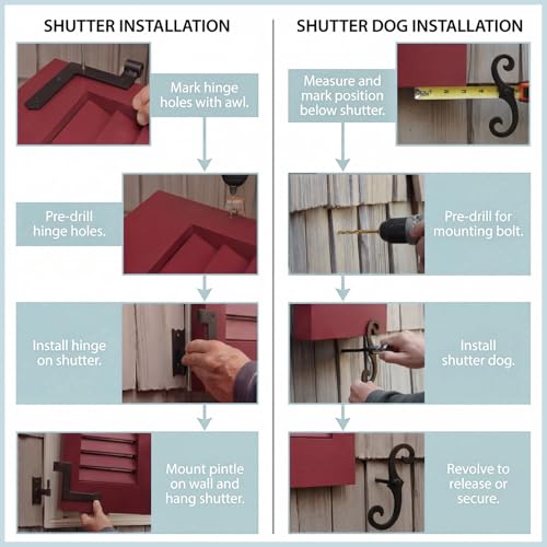 Image of Moxweyeni 8 Pack (4 Pair) Steel Blind Shutter Hinges 1-1 /16 inch with S Holdback Hook for Exterior Shutters Window Kit Steel with Black Powder Coating Lift Off Pintle Reversible Hinges Heavy Duty Door